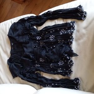 Boho Indi California Black White Foral Embroidered LongSleeve Sheer Blouse SizeL